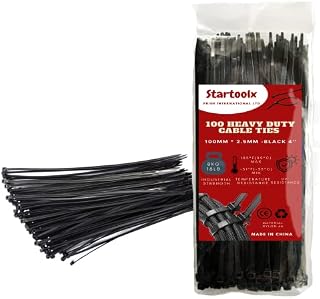 Startoolx 100mm×2.5mm, Pack of 100, 4 Premium Black Nylon Cable Ties, Heavy Duty Strong Plastic Tie Wraps for Home, Office, Garden & DIY, Self Locking Multi-Purpose Heavy Duty Zip Ties