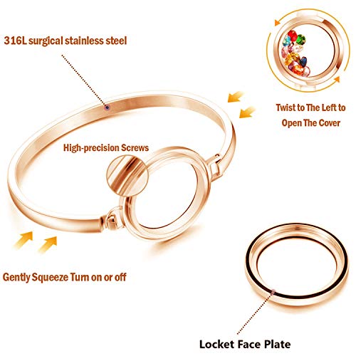 Bg247 Stainless Steel 30Mm Glass Floating Memory Living Locket Bangle Bracelet (Rose Gold Rhinestone Circle, 8) #TOP1
