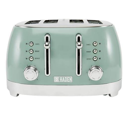 Haden Bristol Green 4 Slice Toaster - Extra Wide Slots, Dual Browning Control, Stainless Steel Housing with Sage Green Finish, For All Toast Preferences, Defrost, Reheat, and Cancel Functions