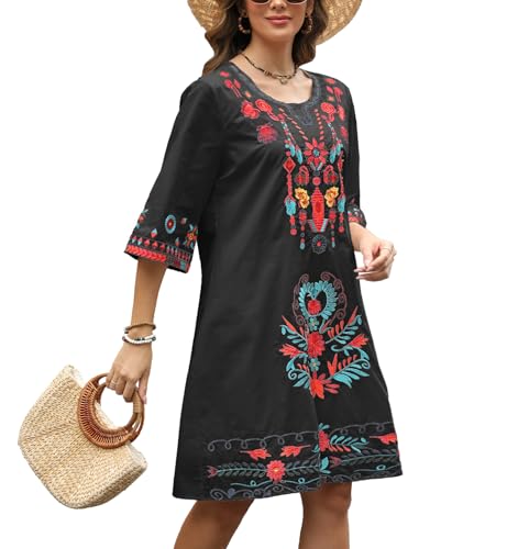 Image of Higustar Mexican Embroidered Dress Summer Cotton Bohemian Flower Peasant Traditional Mexico Fiesta Boho Dresses for Women
