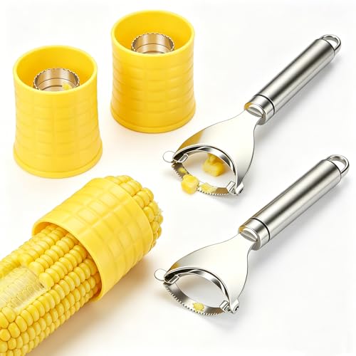 Image of Corn Stripper Stainless Steel Corn Peeler Tool, Serrated Blade Corn Cutter Heavy Duty Sweet Corn Kernel Remover Fast Corn Peeling Kitchen Tool, Pack of 4 (2 Cylindrical Yellow + 2 Handle Type)