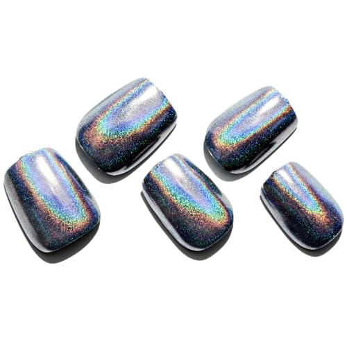 GLAMERMAID Laser Black Press on Nails Short Square, Rainbow Color Donut Grey Fake Nails Glossy Full Cover Glue on Nails with Design, Medium Chrome Nails Art Stick on False Nails Manicure Kit for Wome — view 5