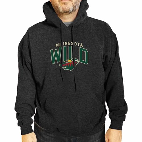 Wright & Ditson NHL Adult Unisex Powerplay Hooded Sweatshirt - Cotton Poly Fleece - Tagless and Comfortable (Minnesota Wild - Black Heather, Large)