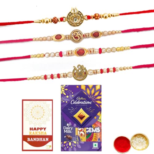 Image of Maalpani Rakhi Gift for Brother with Chocolate Gift Combo - Set Of 4 Rakhis With Celebration & Greeting Card Combo Pack | Rakshabandhan Hamper For Brothers, Kids, Boys