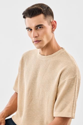 Image of SNITCH Men's T-Shirt | Textured Oversized Crew Neck Design | Premium Polyester Blend Fabric with Waffle Weave | Breathable & Lightweight Casual Wear