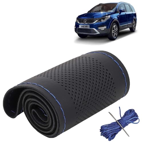 Image of KINGSWAY PU Leatherite Car Steering Cover Sewable Compatible with Tata Hexa (Year 2016 Onwards), Black Color with Blue Thread, Pack of 1 with Sewing Needle and Thread