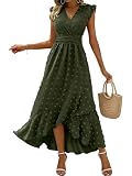 KUNJLELP Damen Sommerkleider Rüschen Ärmel V-Ausschnitt Casual Swing Elastische Taille Midi Kleid Freizeitkleider Partykleid,M,Grün-WD54