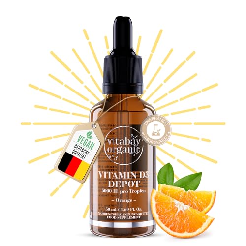 Vitabay Vitamin D3 Tropfen 50 ml | 1.500 vegane Tropfen | Hochdosiert mit 5.000 IE | Erfrischender Orangengeschmack | Laborgeprüft & hergestellt aus hochwertigen Rohstoffen