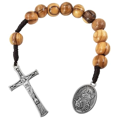TALISMAN4U Saint Michael Guardian Angel Medal One Decade Prayer Pocket Rosary 10mm Olive Wood Beads Open Style Wooden Tenner Rosaries Handmade Catholic Gift Linen Rosary Pouch