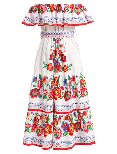 Mexican Dress for Girls Mexican Traditional Folk Floral Print Drape Dress with Flounce Belt Cinco De Mayo Fiesta2