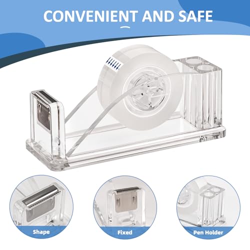 Image of Transparent Acrylic Tape Dispenser, Non-Skid | Clear Tape Dispensers Bulk, Tape Cutter Holder for Office, Home, School Use
