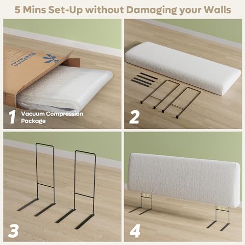 Image of Pinmoco 4.7 inch Upholstered Headboard for Queen Size Bed, Height Adjustable and Ergonomic Headboard, Easy Assemble, Sturdy and Durable, Teddy Velvet, Beige