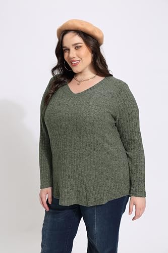 Image of RITERA Plus Size Sweater, Ribbed Long Sleeve Solid Top for Women | Soft vertical ribbed knit, modest V neck, loose long sleeves, curved swing hem, slimming casual layering top for curvy women