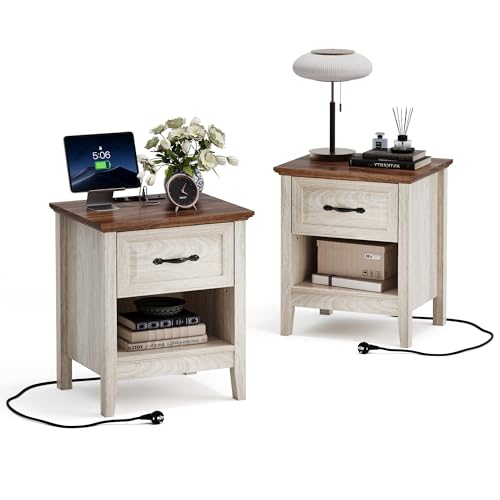 LINSY HOME Nachttisch 2er Set, Farmhouse Holz Nachttisch mit Open Storage Regal, Nachttische mit Steckdose, Beistelltisch Endtisch für Schlafzimmer...