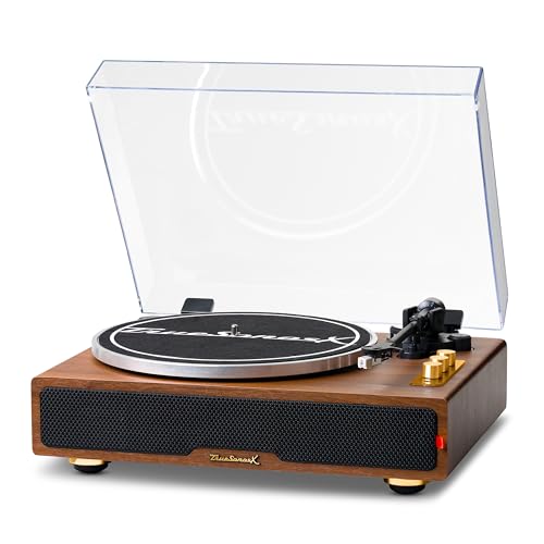 RESONANCE AUDIO WORKS Hi-Fi Record Player with Speakers | Premium Vinyl Turntable with Bluetooth Capability | Built-in 4-Speaker Stereo System | 33/45/78 RPM Playback, Light Walnut + Gold Trim