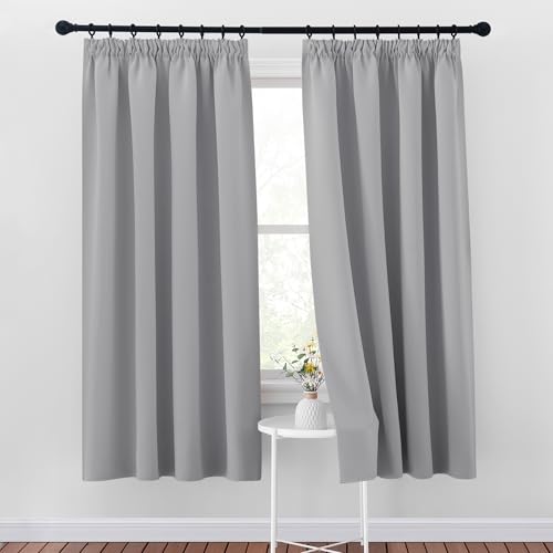 PONY DANCE Silver Grey Blackout Curtains 54 Inch Drop with Hooks for Track Thermal Short Curtains for Bedroom, Living Room Pencil Pleat, W46 X L54, 2 Panels, Silver Grey