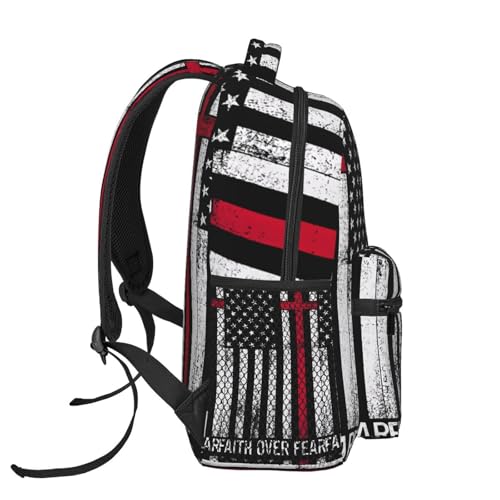 Faith Over Fear Patriotic Christian Cross American Flag Laptop Backpacks Double Shoulder Laptop Pack Bag Daypack Back Pack Bags Rucksack Computer Bag with Side Pockets Front Zipper Pockets3