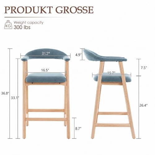 Image of 26 inch Bar Stools Set of 2, Upholstered Counter Stools, Modern Linen Counter Height Bar Chairs with Backs and Arms, Wood Legs and Footrest, for Kitchen Counter, Island, Dining Room, Blue