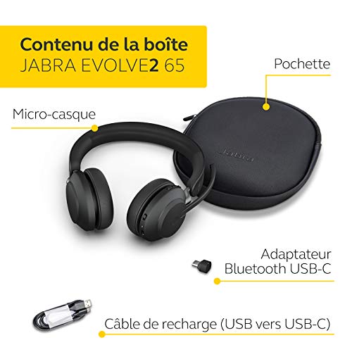 Jabra Evolve2 65 Casque PC Sans Fil - Casque Audio Certifié UC avec Annulation du Bruit et Batterie Longue Durée - Adaptateur Bluetooth USB-C - Noir