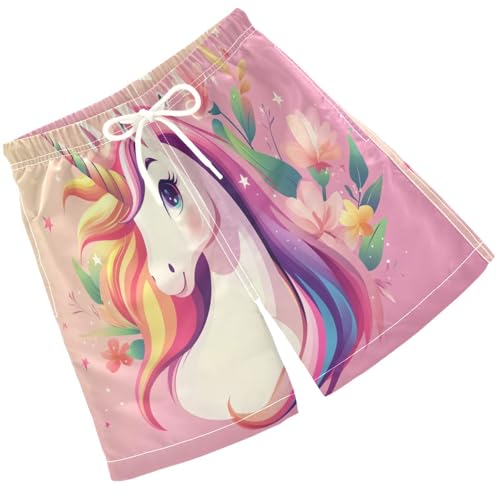 Pigsaly Boys' Swim Board Shorts Unicorn Pink Flowers Leaves Boy's Swim Trunks Kids Swimwear M