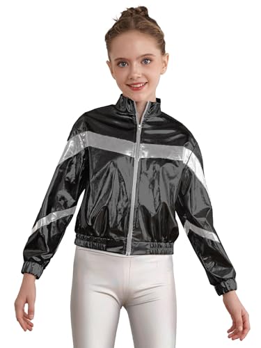 Jhaoyu Kids Girls Metallic Dance Outfits Stripe Jacket Coat Corp Top And Waist Pants Modern Hip Hop Dancing Tracksuit