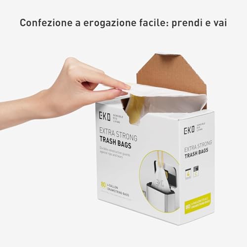 Eko Easy-Dispense - Sacchetti Per La Spazzatura Piccoli, Con Coulisse, 80 Pezzi, Extra Resistenti, 10-15 L, Confezione Da 80 Pezzi, Colore Bianco, Codice C - 6