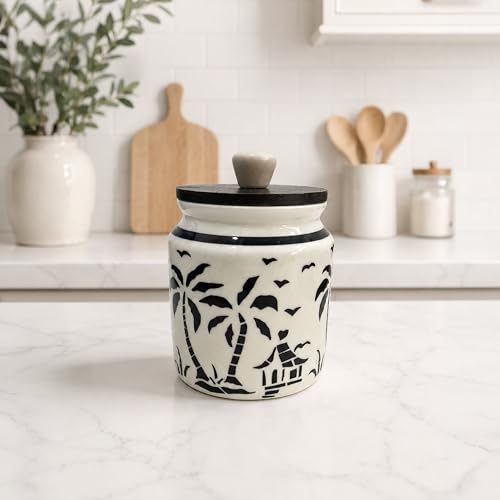 Image of Ceramic Kitchen Jars for Storage | Air Tight Containers with Wooden Lids | Masala, Salt, Pickle, Dry Fruits & Multi Utility Items Organiser Set (Hand-Painted, Black Hut, 450 ML, Pack of 1)