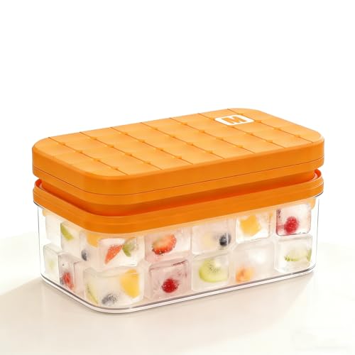 Ice Cube Tray with Lid and Bin, One-Second Easy Release Silicone Ice Cube Maker, 2-Pack Stackable Trays Makes 56 Cubes, Space-Saving Storage Box & Ice Scoop for Cocktails, Whiskey, Iced Coffee