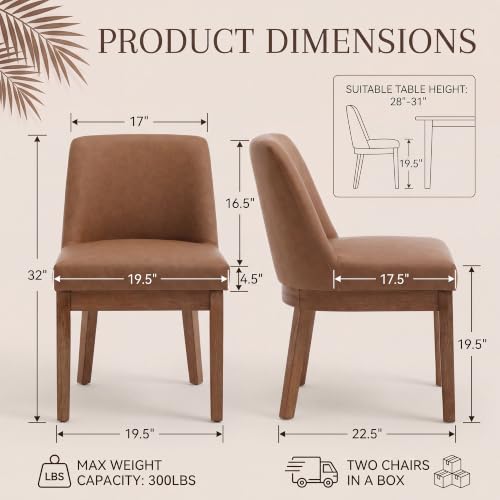 Image of Brown Faux Leather Dining Chairs Set of 6, Upholstered Dining Room Chairs | Comfortable Back Support, Sturdy Brushed Solid Wood Legs, Modern Farmhouse Kitchen Chairs for Living Room, Home, Apartment