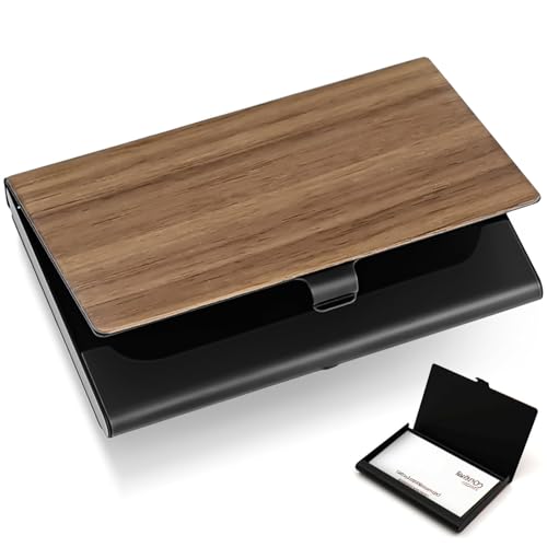 Alethron Visitenkartenetui aus Holz Business Card Holder aus Walnussholz und Metall Visitenkarten Etui Personalisiert Visitenkartenhalter Holz Visitenkartenbox für Herren Damen