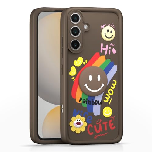 Image of Pikkme Back Cover for Samsung Galaxy S24 FE 5G | Soft Silicone| Cute Rainbow Smile & 3D Cartoon Flower Design | Shockproof Raised Camera Protection Bumper Case (Brown)