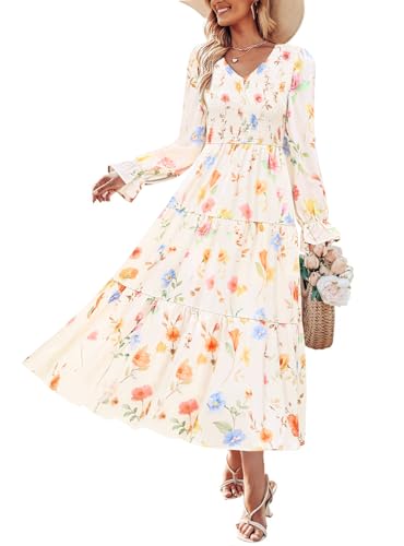 ZESICA Women's Fall Long Sleeve Floral Boho Dress 2025 Casual V Neck A-Line Flowy Wedding Guest Maxi Dresses