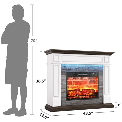 LGHM 44\" LED Electric Fireplace with Mantel, Freestanding Wood Stove Heater, Realistic 3D Dancing Flame Effect and Stacked Stone Surround, Remote Control Timer for Living Room, Bedroom…
