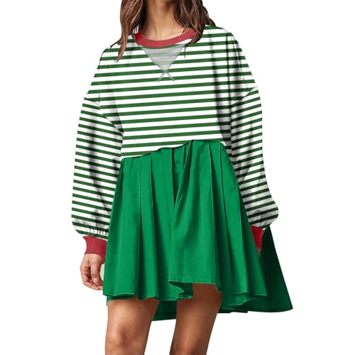 Casual-Dresses-for-Women-2024-Trendy-Long-Sleeve-Fall-Pleated-Striped-Mini-Dress-Loose-Crewneck-Ruffle-Preppy-Clothes-October-8-9-Women-Womens-Dresses-Fall-2024-Green-XL