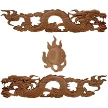 Chinese Dragon Wood Carved Appliques, 1 Set Decal Corner Frame Woodcarving for Wall Doors Furniture Wedding Decoration Size 53x11cm/20.9x4.3inch
