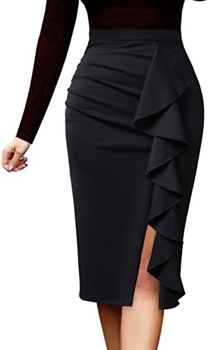 VFSHOW Women Elegant Ruched Ruffle Slit Work Business Party Pencil Skirt 2511 BLK L