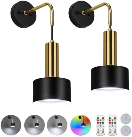 2 Pack Battery Operated Wall Lights Rechargeable Wall Sconces Battery Powered Dimmable Wall Light RGB 18 Colors Timing Battery USB Wall Lamp with Remote Control for Bedroom Living Room-Black
