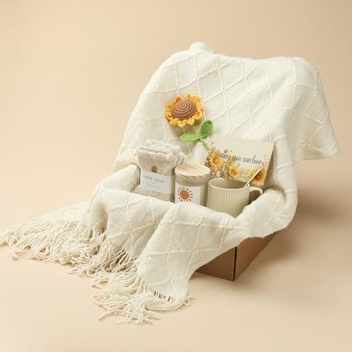 Self Care Gifts for Women - Luxury Package with 50"x70" Cozy Knitted Blanket, Fuzzy Socks, Soy Candle, Sunflower Decor | Birthday, Thinking of You, Get Well Gifts | Mom, Girlfriend, Best Friend - Image 3
