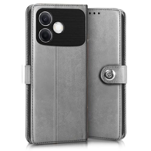 Image of WOW IMAGINE Shock Proof Flip Cover Back Case for Oppo F33 Pro 5G (Magnetic Button Flip Case | Wallet Pockets & Stand | Leather Finish | Stone Grey)