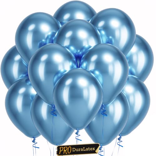 Image of Bezente Pro Duralatex Metallic Light Blue Balloons - 100 Pack 12 inch Extra-Thick Chrome Metallic Light Baby Pastel Blue Balloons for Graduation Birthday Gender Reveal Carnival Party Decorations