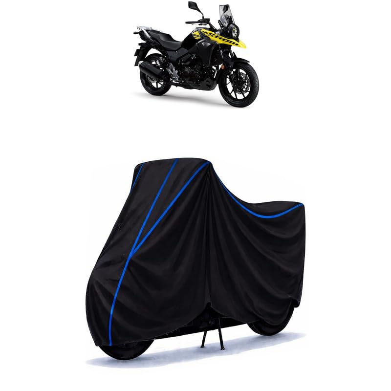 Image of Suzuki V-Strom 250 Bike Cover Water Resistant Universal Motorcycle Rain | Heavy Duty UV Protection, Dust, Scratch Indoor Outdoor All Weather with Black Blue Piping Elastic