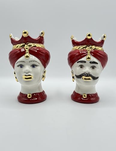 SBORDONE COPPIA TESTA DI MORO IN PORCELLANA CON CORONA ROSSO E BIANCO H 12