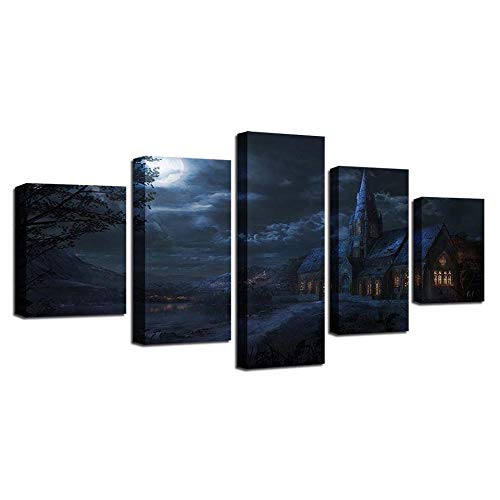 Tableau mural sur toile pour salon moderne avec motif cabane dans la nuit