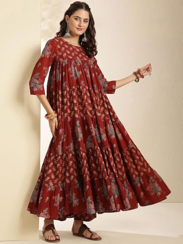Image of ANNI Designer Viscose Blend Kurta for Women | Kurti Set Woman | Anarkali Kurta with Pant & Dupatta | Black Floral Hand Block Printed Suit | Ethnic Indian Outfit Party Office Traditional Fashion Wear