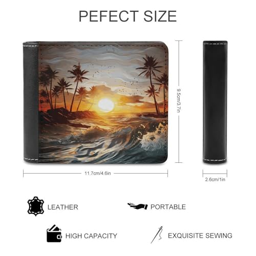 Men's Leather Wallet Bifold Wallet for Men Palm Trees Ocean Waves Sunset Slim Wallet with Multiple Card Classic Passcase Mens Card Holder2