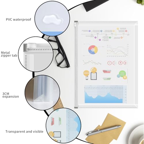 Zentiky Envelopes de plástico transparente A4 - 5 peças de envelopes de poliéster com zíper, pastas