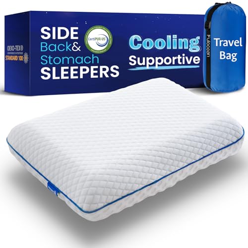 Cooling Gel Memory Foam Pillows for Sleeping, Bamboo Rayon Bed Pillow for Back Side Sleeper,Medium Firm Contoured Support Travel Pillow for Neck Shoulder Pain Washable Breathable Cover Dorm Twin XL