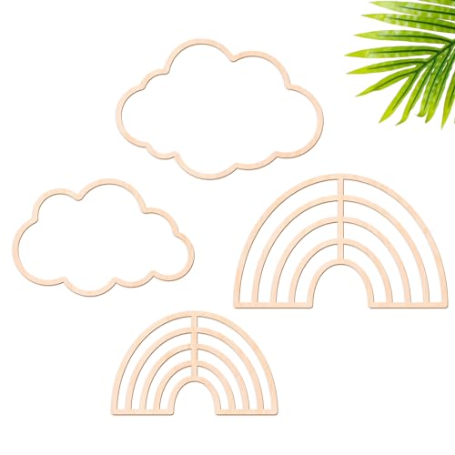 Image of Kathfly4 Pieces Boho Nursery Cloud Star Wall Decor Wooden Babyroom Moon Rattan Wall Decor Wooden Rainbow for Children Baby Kids Boys Girls Bedroom Nursery Pendant(Cloud Rainbow Moon)