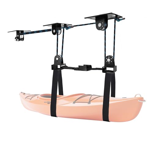 Hikeen Kayak Hoist for Garage Ceiling Heavy Duty Kayak Pulley System Hold Up to 150 lbs Capacity Cargo Box Storage Garage Organization Lift System Fit 10-14 Foot Ceilings