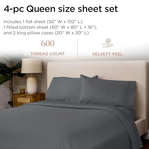 Image of Threadmill 100% Cotton Sheets for Queen Size Bed - 600 Thread Count Queen Bed Sheets Set with 16 inch Deep Pocket - Sateen Weave 4-Piece Bedding Set with Cooling Effect, Dark Grey